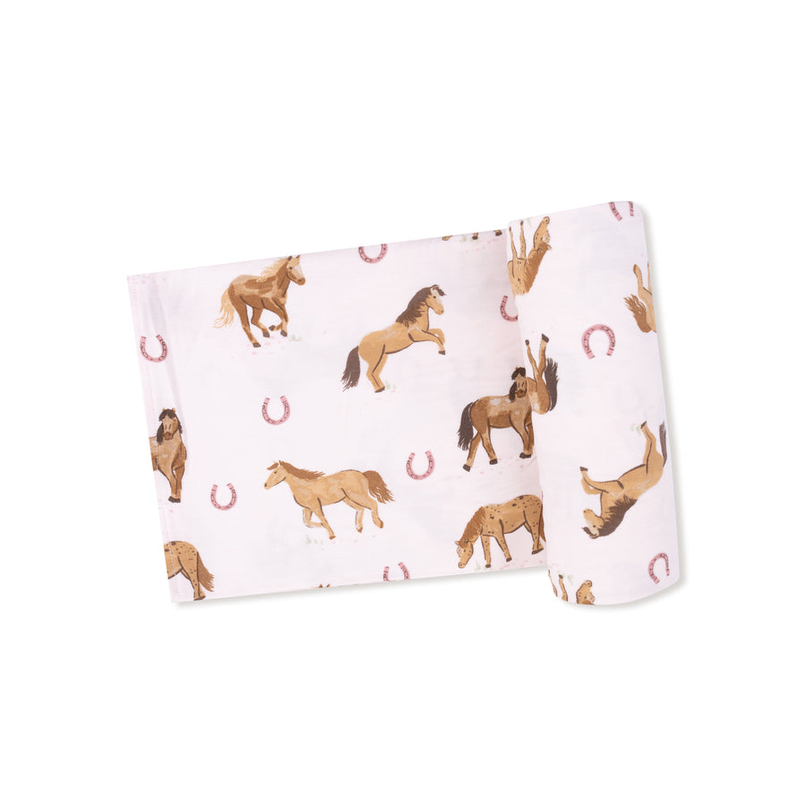 Bamboo Swaddle Blanket - Horses - Pink