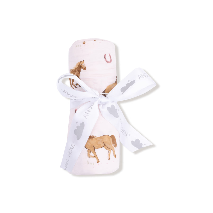 Bamboo Swaddle Blanket - Horses - Pink
