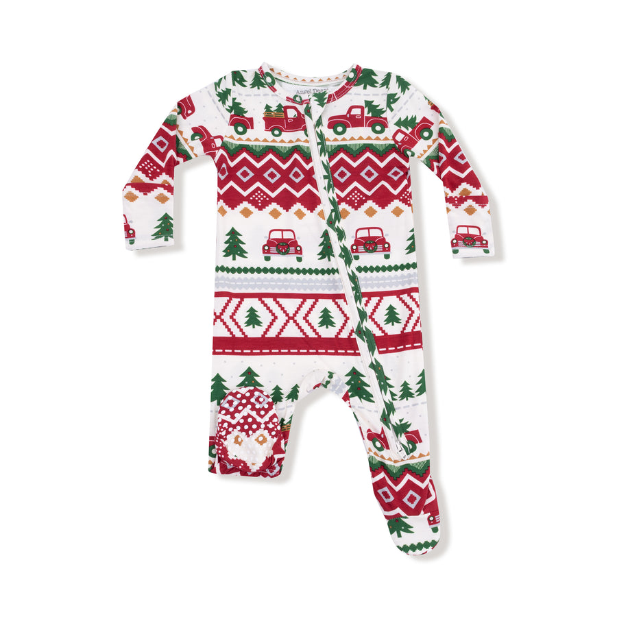 Bamboo Zipper Footie - Red Truck Fair Isle