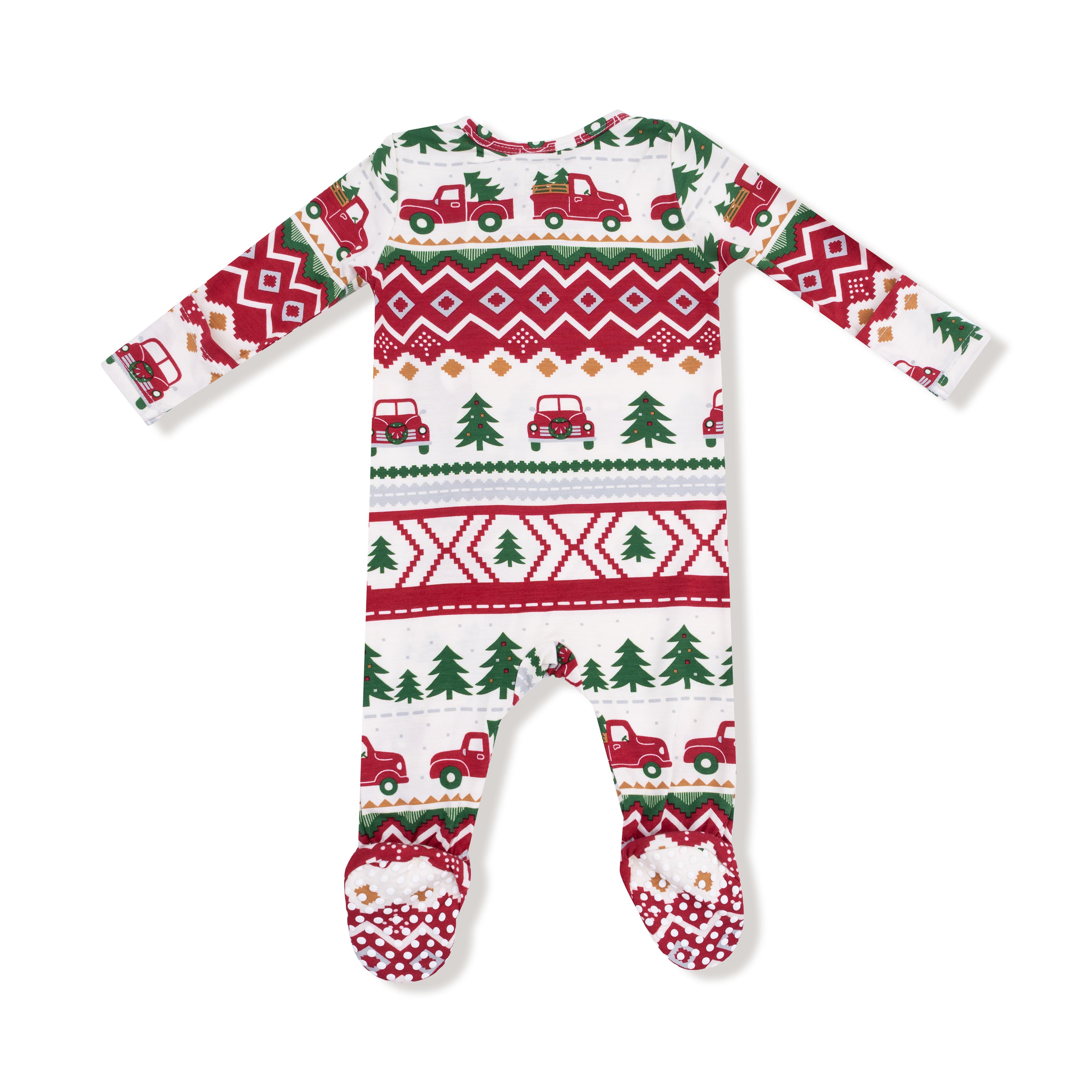 Bamboo Zipper Footie - Red Truck Fair Isle