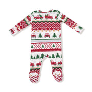 Bamboo Zipper Footie - Red Truck Fair Isle