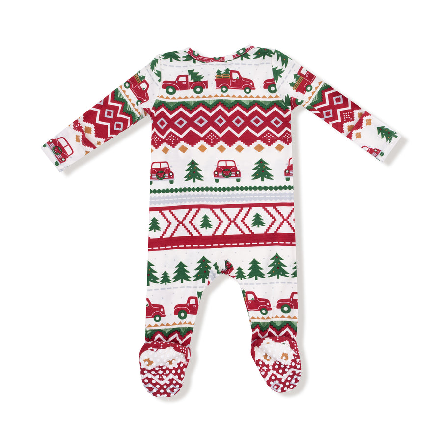 Bamboo Zipper Footie - Red Truck Fair Isle
