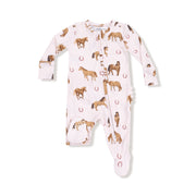 Bamboo Ruffle Back Zipper Footie - Horses - Pink
