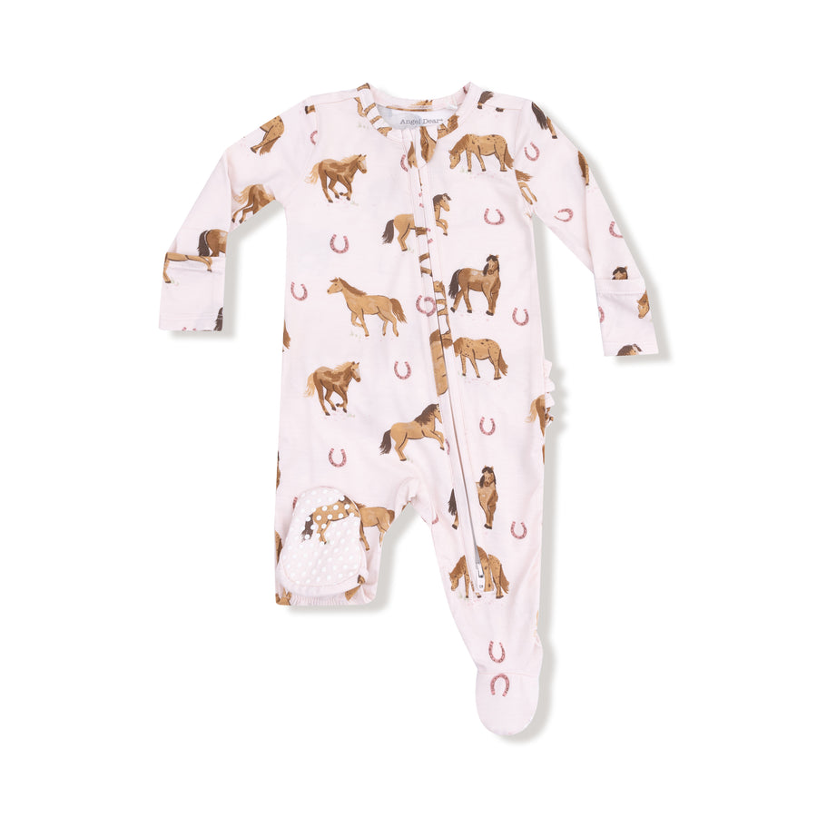 Bamboo Ruffle Back Zipper Footie - Horses - Pink