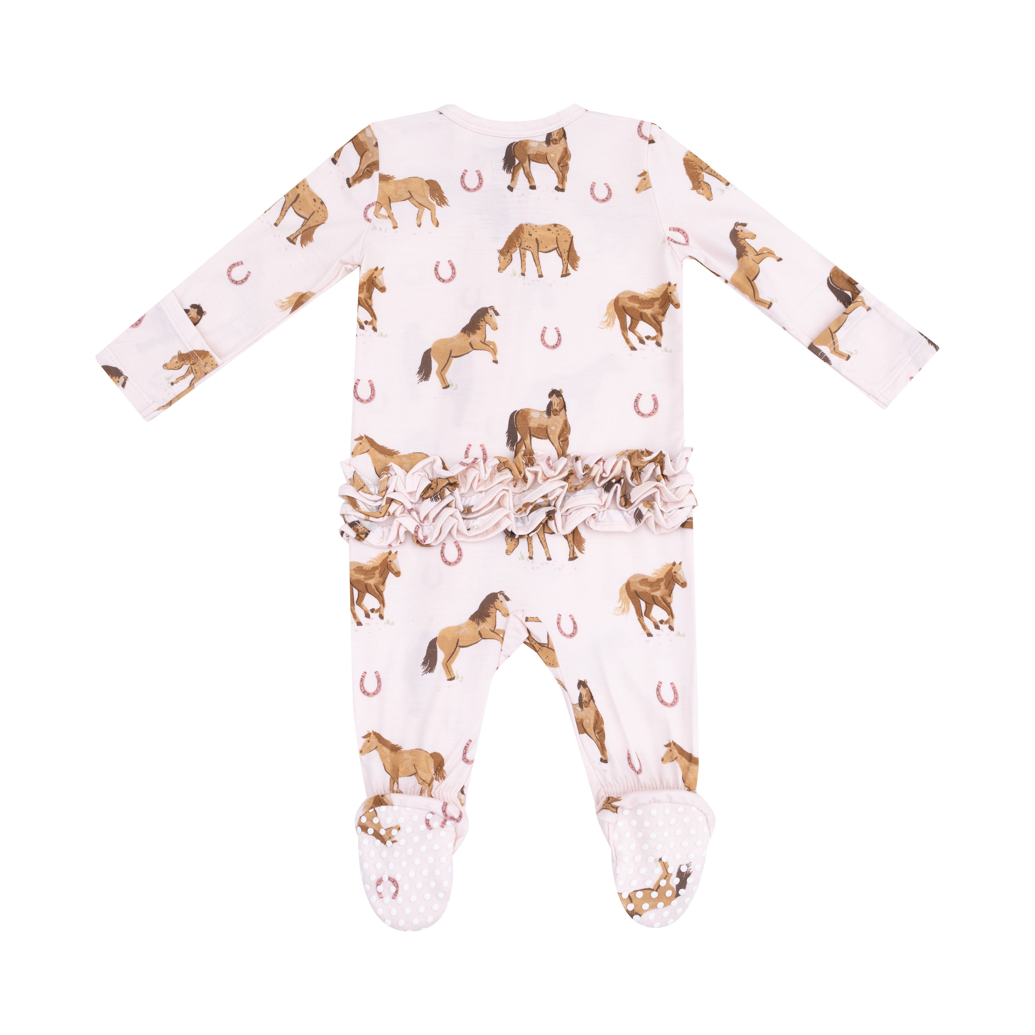 Bamboo Ruffle Back Zipper Footie - Horses - Pink