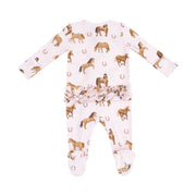 Bamboo Ruffle Back Zipper Footie - Horses - Pink