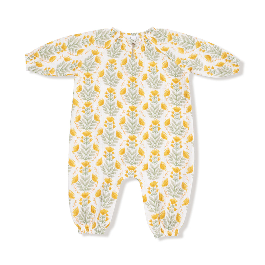 Peasant Romper with Elastic Neck and Button - Winter Dandelions