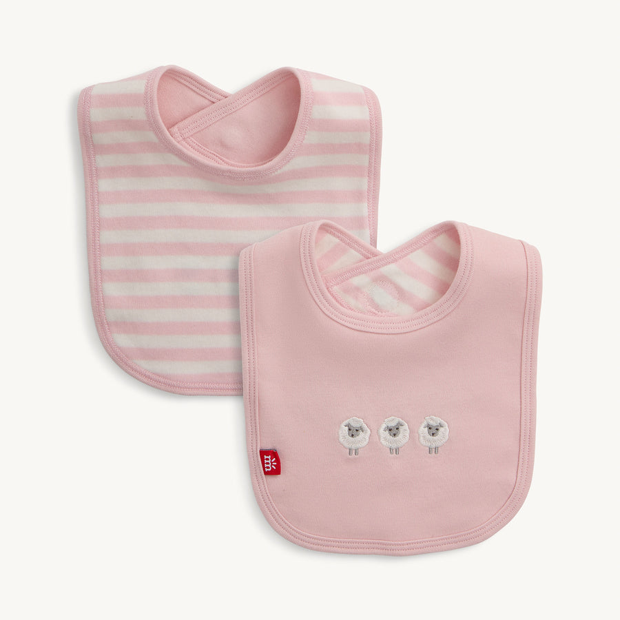 Organic Cotton Magnetic Reversible Bib with Embroidery - Pink Stripe