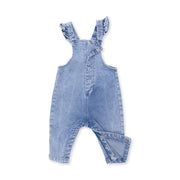 Button Up Ruffle Overall - Old School Blue Stretch Denim