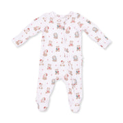 Bamboo Ruffle Back Zipper Footie - Christmas Teddy Bears - Pink