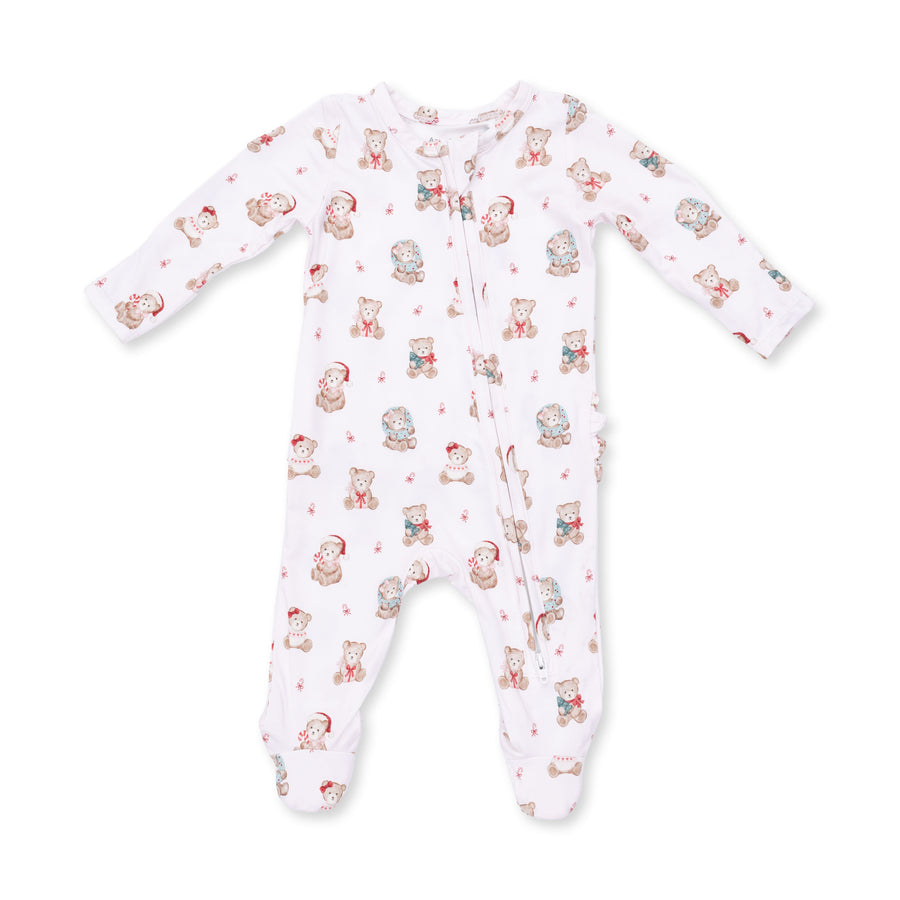Bamboo Ruffle Back Zipper Footie - Christmas Teddy Bears - Pink