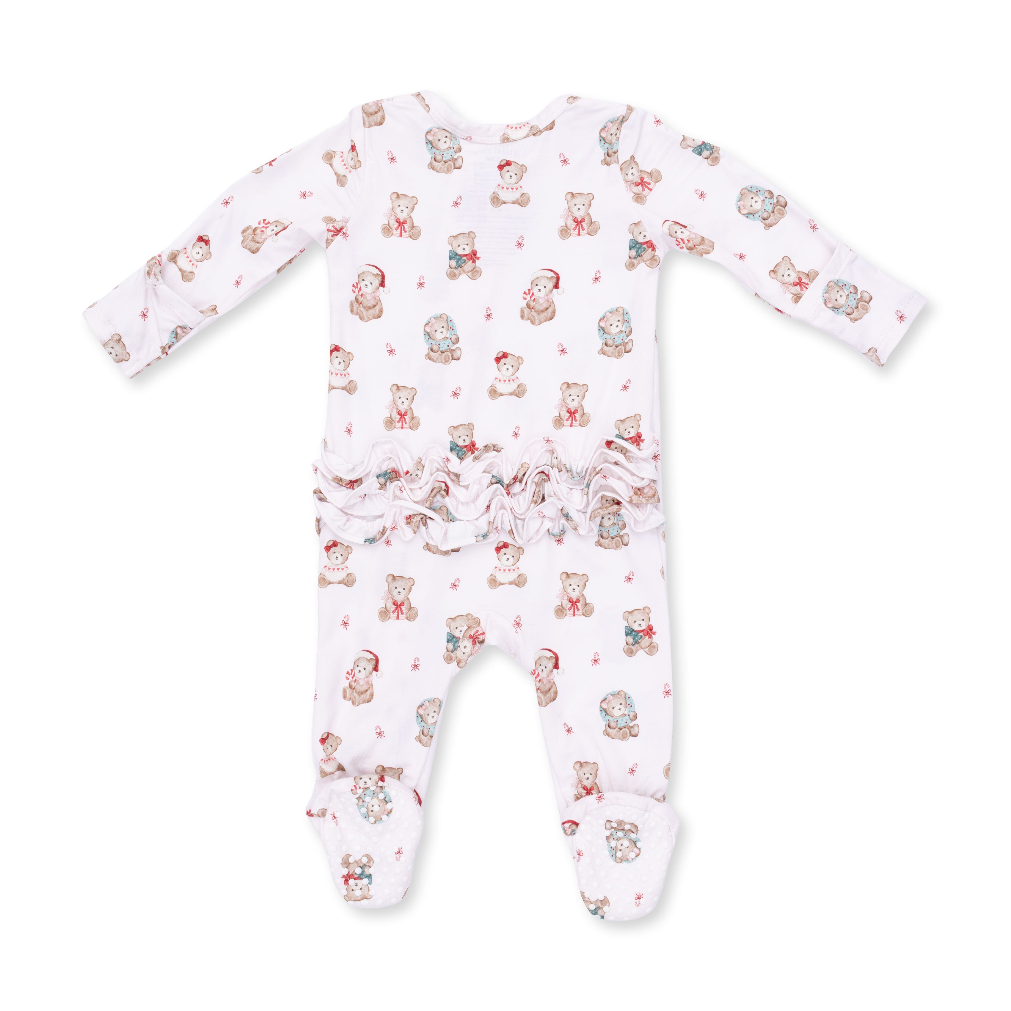 Bamboo Ruffle Back Zipper Footie - Christmas Teddy Bears - Pink
