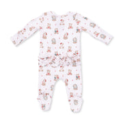 Bamboo Ruffle Back Zipper Footie - Christmas Teddy Bears - Pink