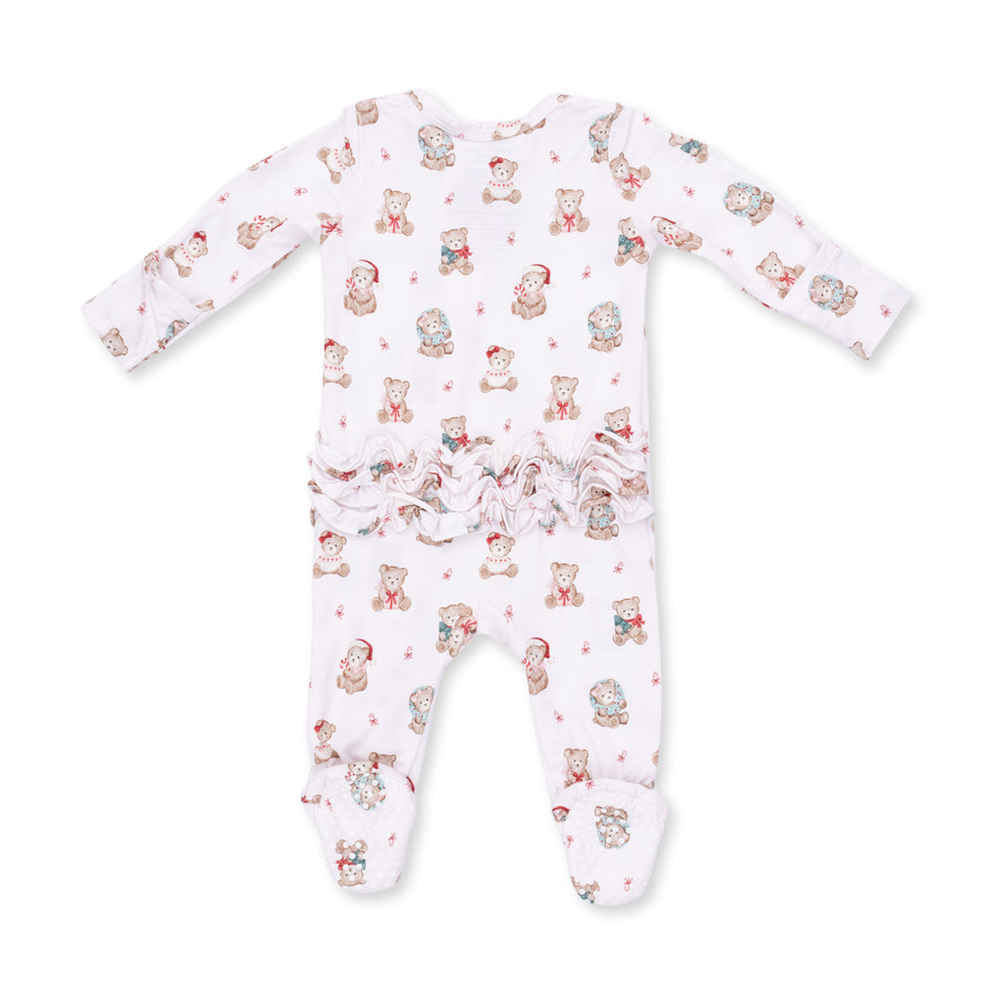 Bamboo Ruffle Back Zipper Footie - Christmas Teddy Bears - Pink