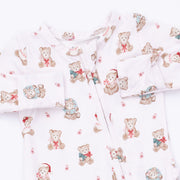 Bamboo Ruffle Back Zipper Footie - Christmas Teddy Bears - Pink