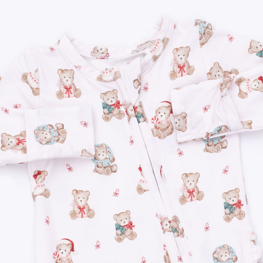 Bamboo Ruffle Back Zipper Footie - Christmas Teddy Bears - Pink