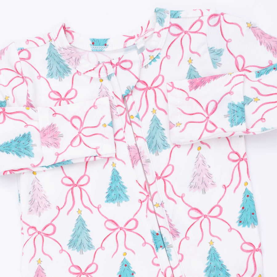Bamboo Ruffle Back Zipper Footie - Bow Trellis Tree