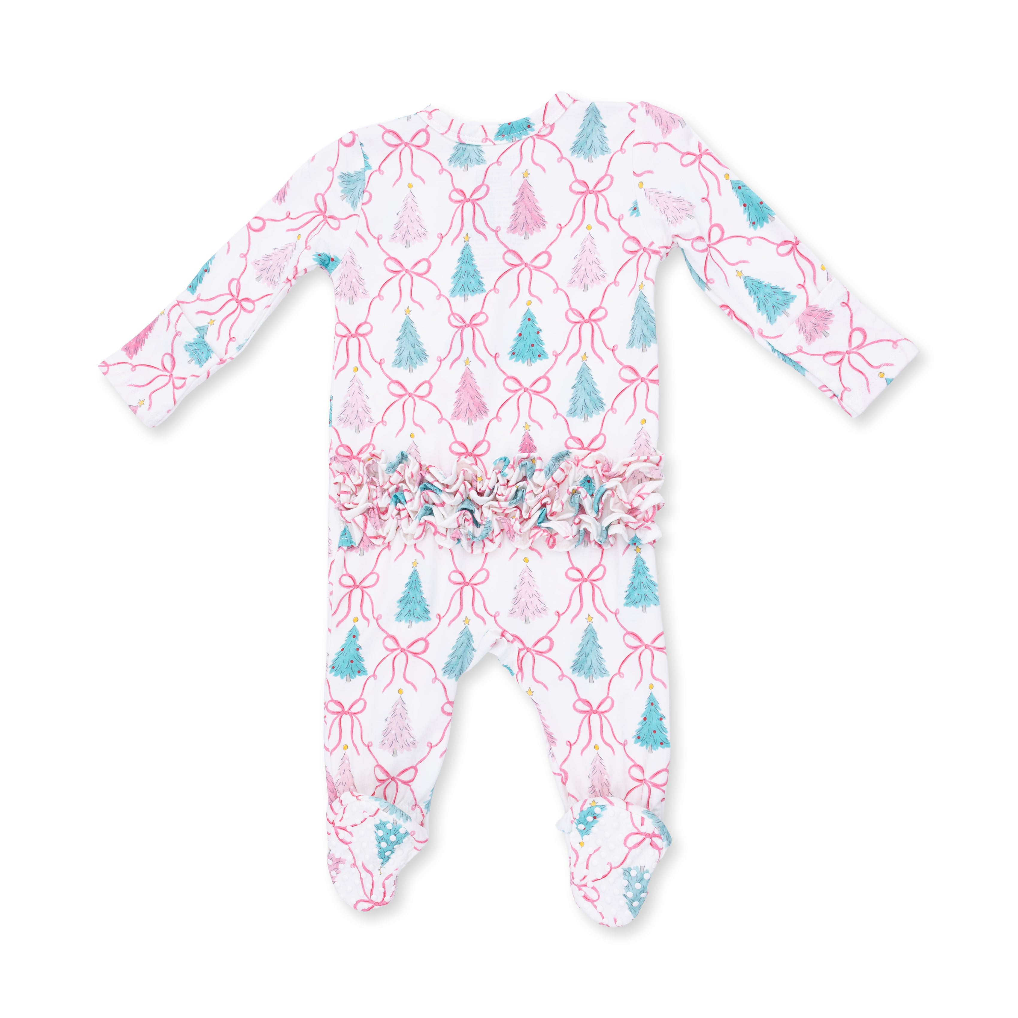 Bamboo Ruffle Back Zipper Footie - Bow Trellis Tree