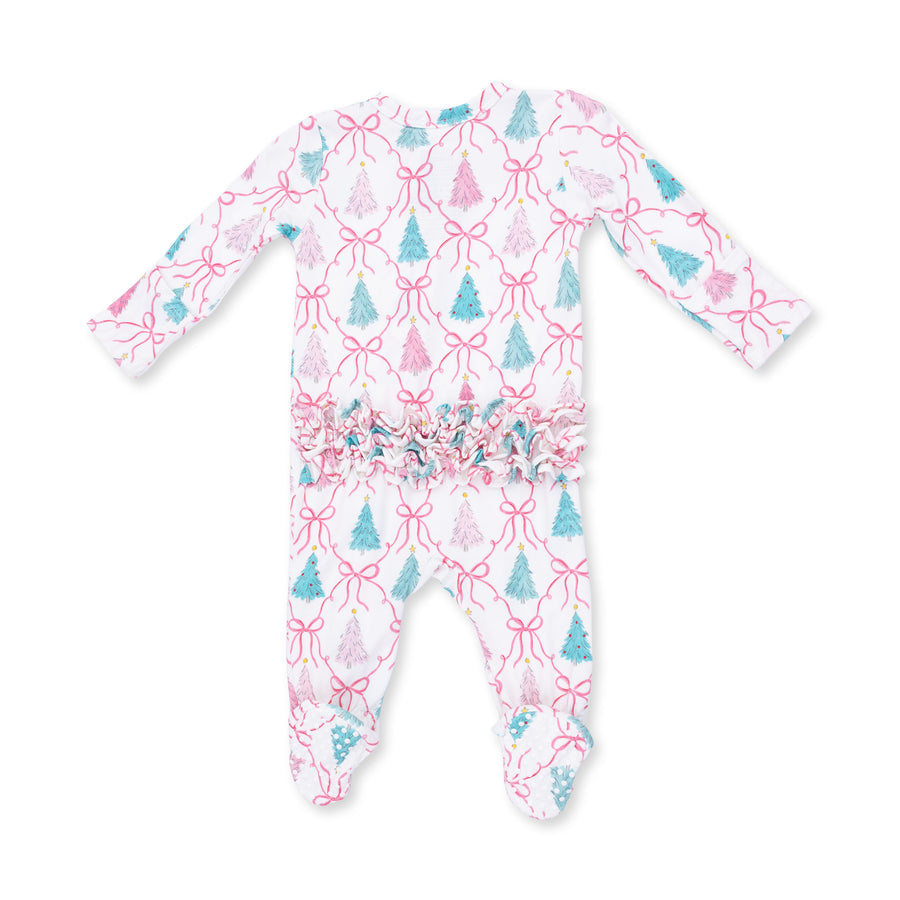 Bamboo Ruffle Back Zipper Footie - Bow Trellis Tree