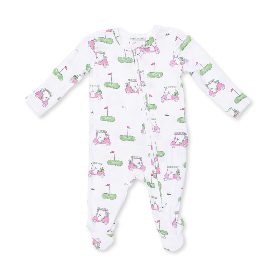 Bamboo Ruffle Back Zipper Footie - Golf Carts - Pink