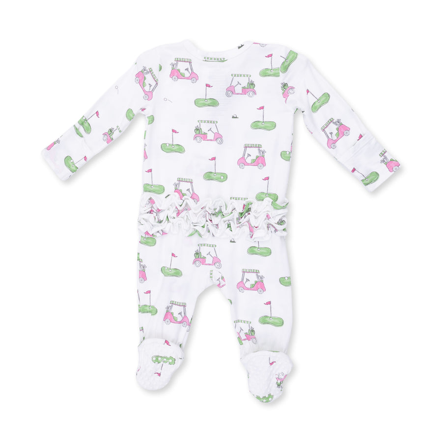 Bamboo Ruffle Back Zipper Footie - Golf Carts - Pink