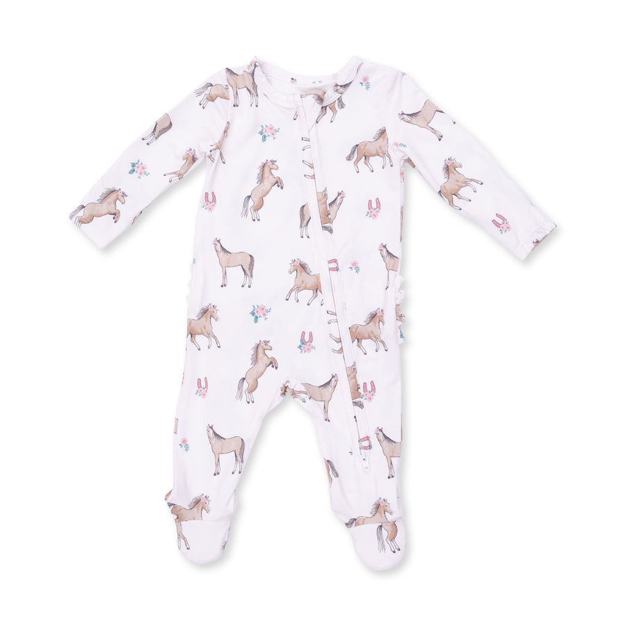 Bamboo Ruffle Back Zipper Footie - I Love Horses