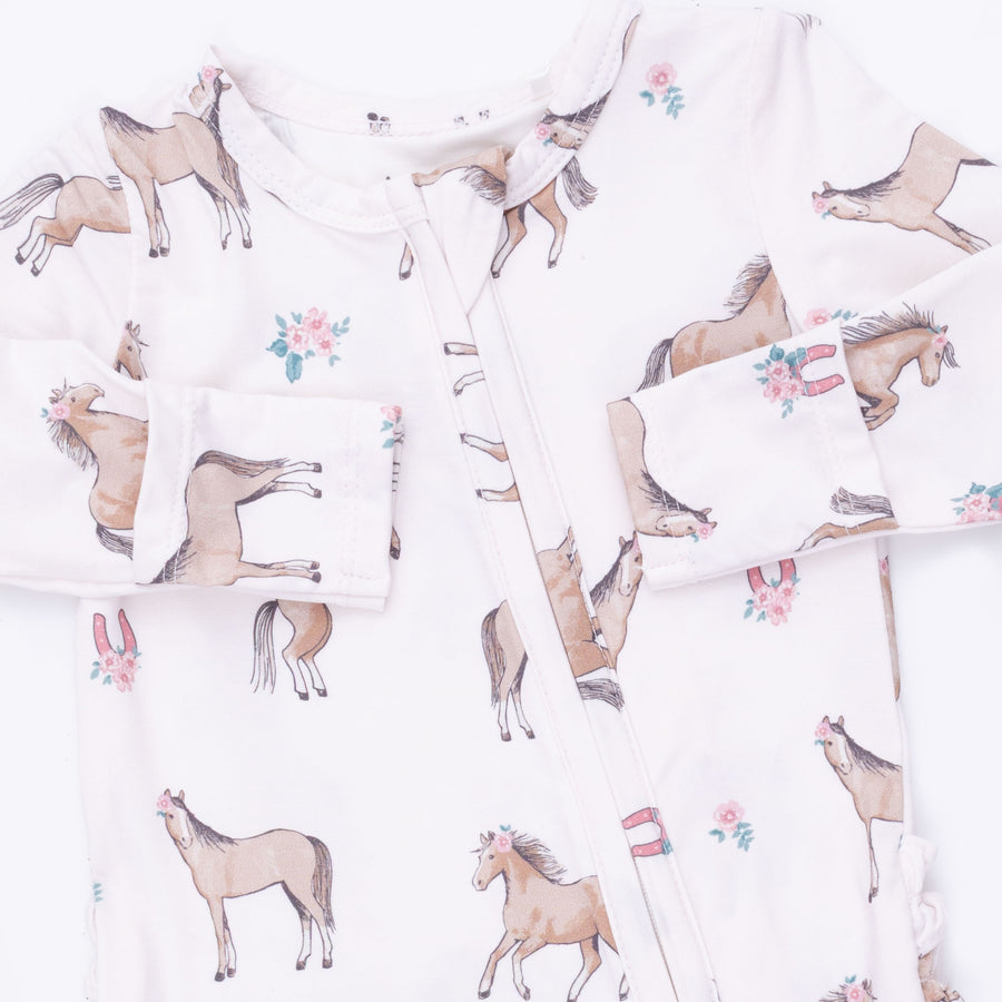 Bamboo Ruffle Back Zipper Footie - I Love Horses