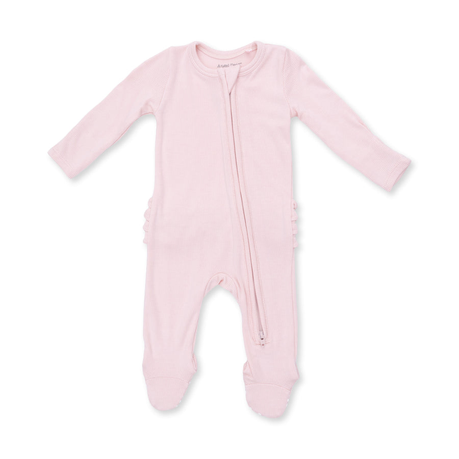 Bamboo Ruffle Back Zipper Footie - Solid Veiled Pink Rib