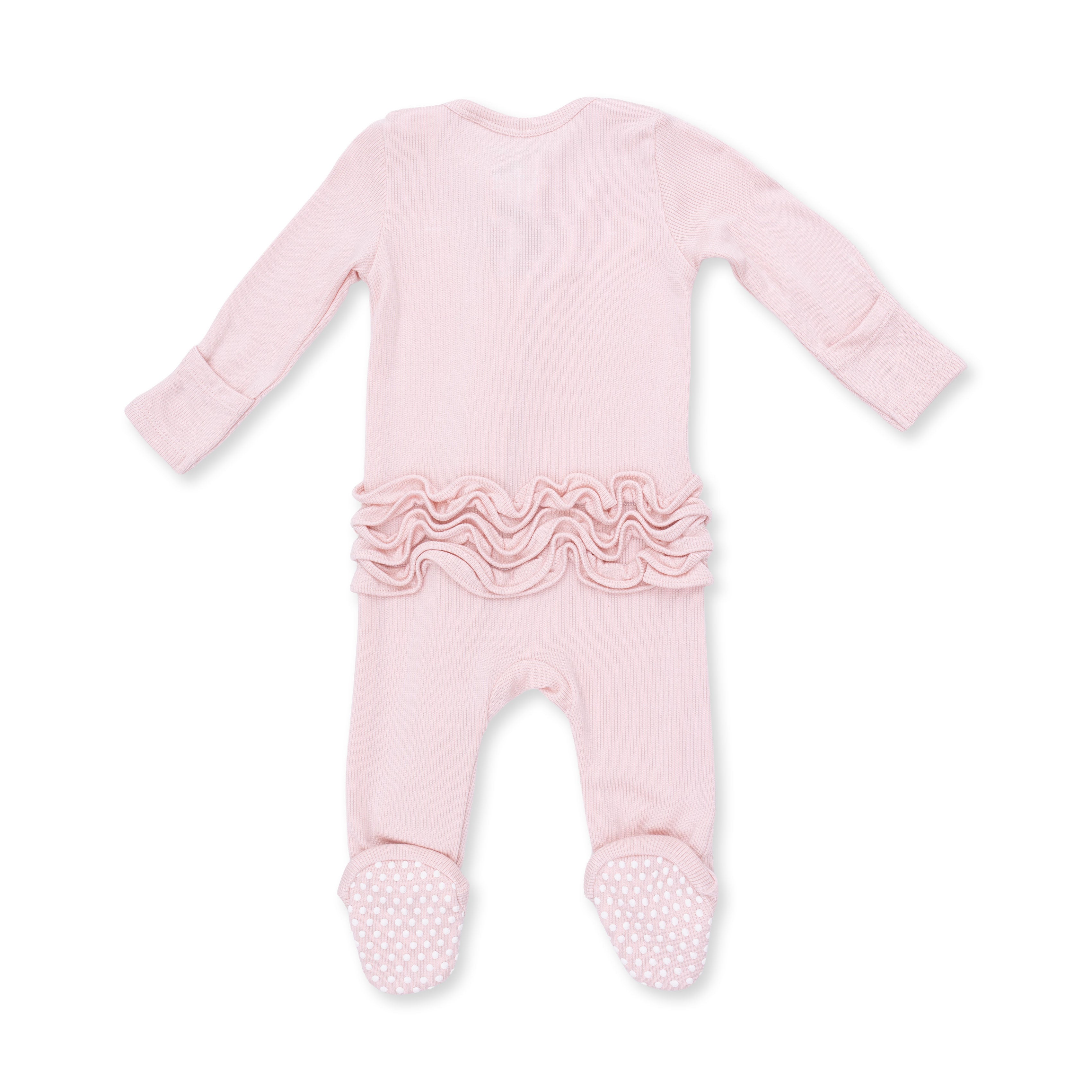 Bamboo Ruffle Back Zipper Footie - Solid Veiled Pink Rib