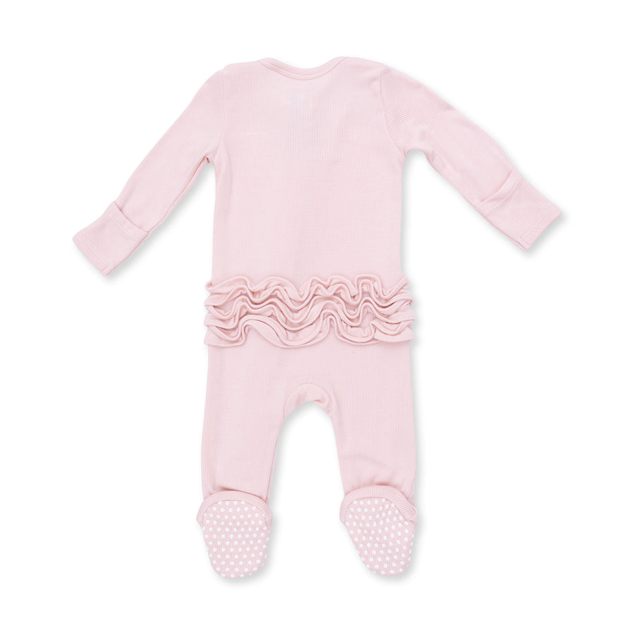 Bamboo Ruffle Back Zipper Footie - Solid Veiled Pink Rib