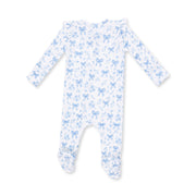 Bamboo Ruffle Sleeve Zipper Footie - Blue Bows and Flowers
