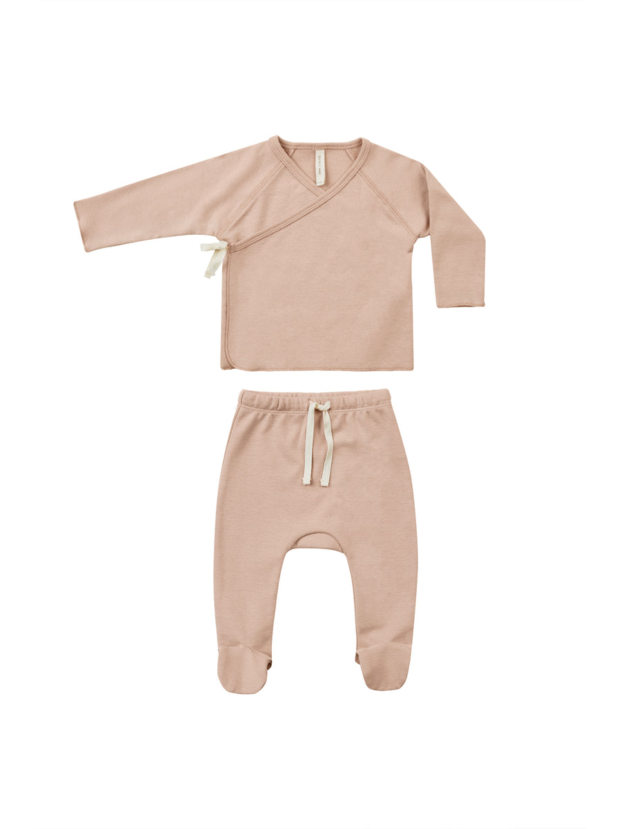 Wrap Top + Footed Pant Set - Blush