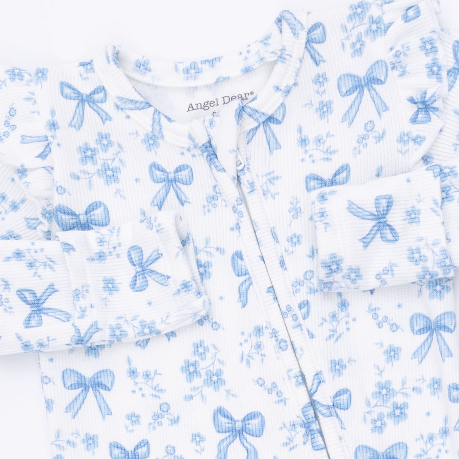 Bamboo Ruffle Sleeve Zipper Footie - Blue Bows and Flowers