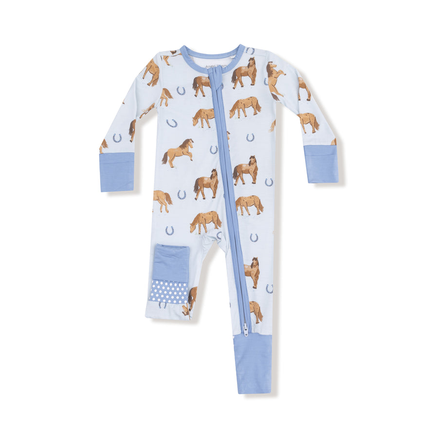 Bamboo Zipper Romper - Horses - Blue