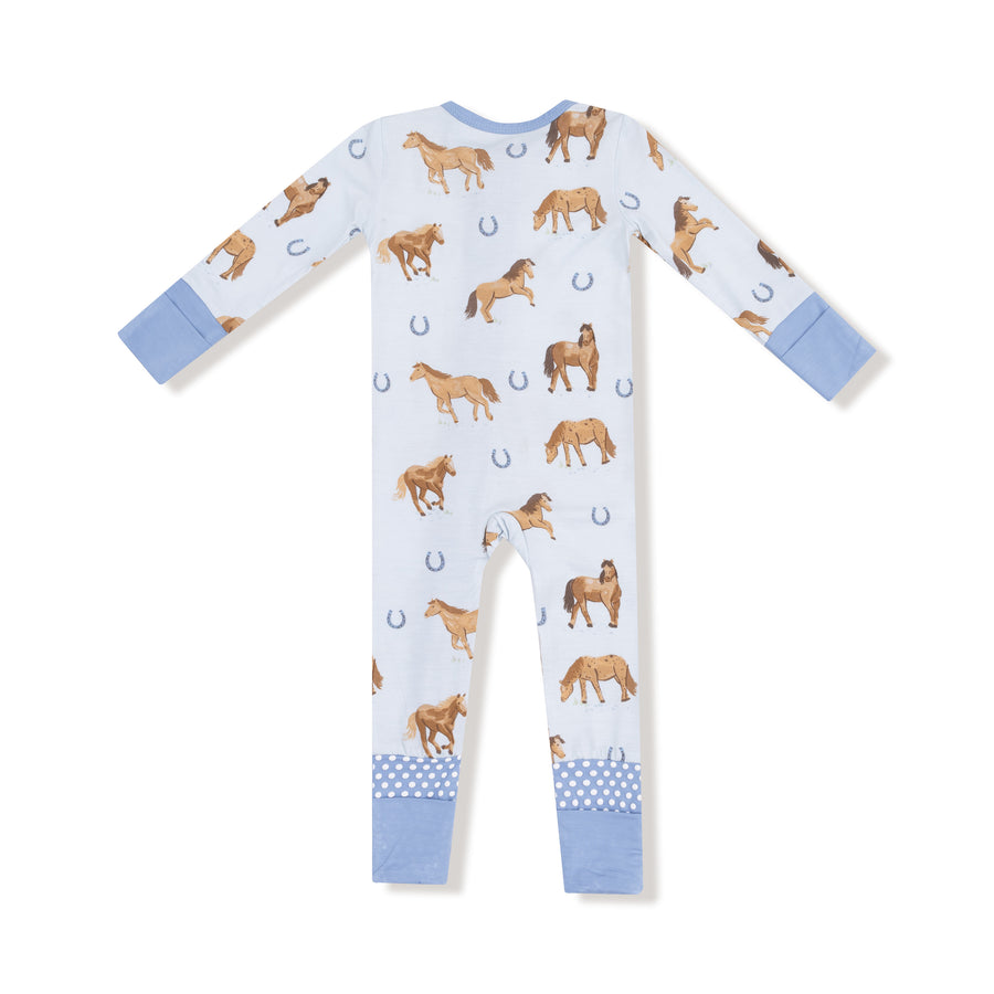 Bamboo Zipper Romper - Horses - Blue
