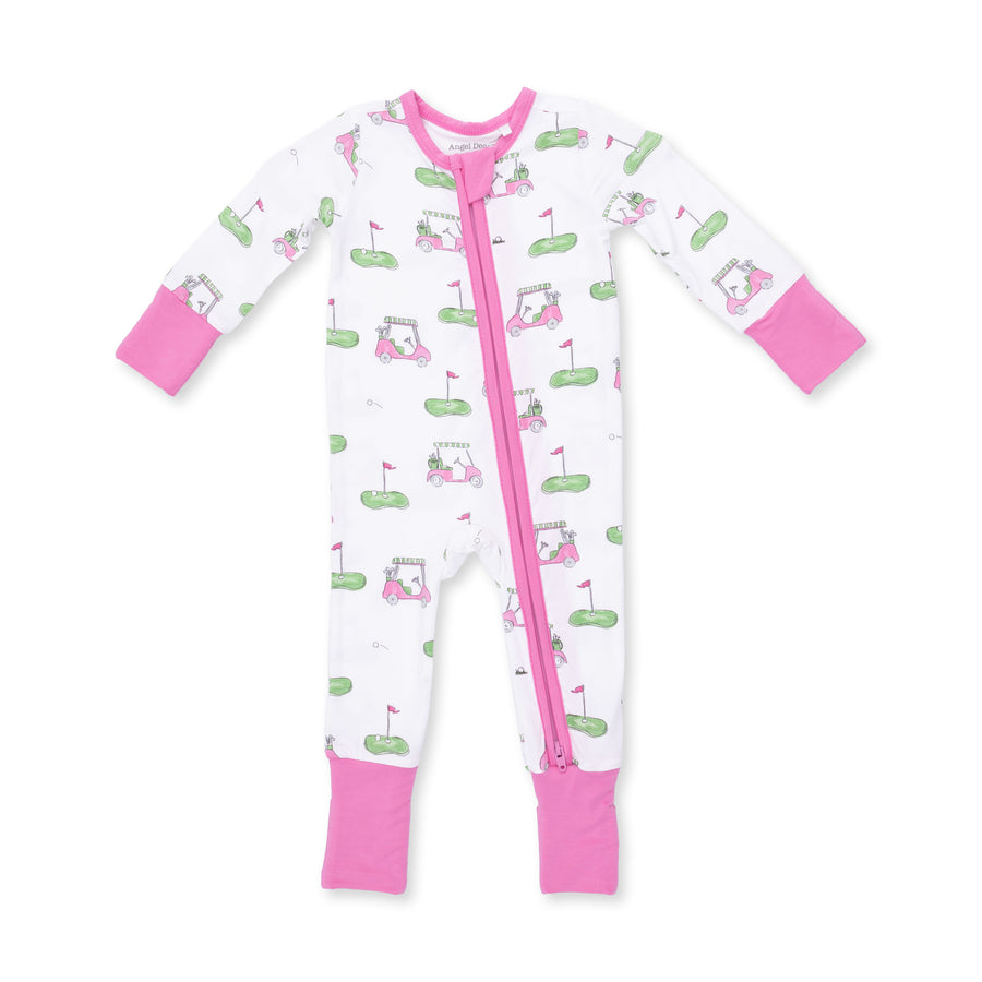 Bamboo Zipper Romper - Golf Carts - Pink