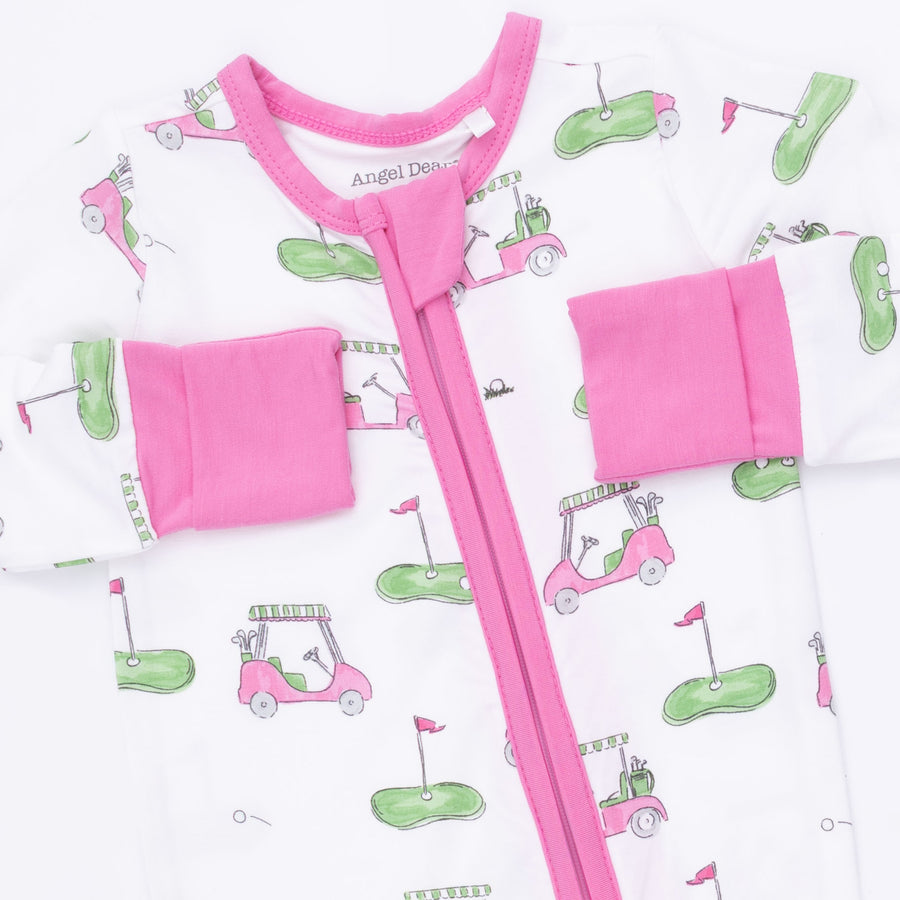 Bamboo Zipper Romper - Golf Carts - Pink