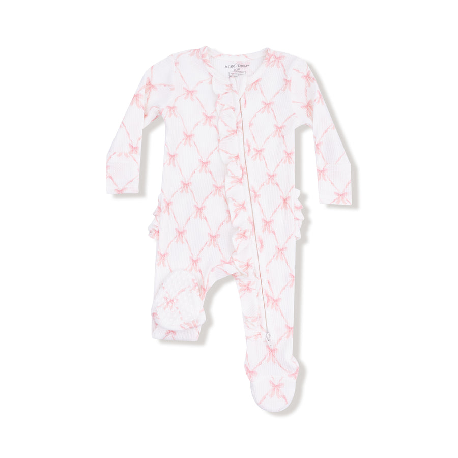 Bamboo Ruffle Zipper Footie - Ribbon Bow Trellis