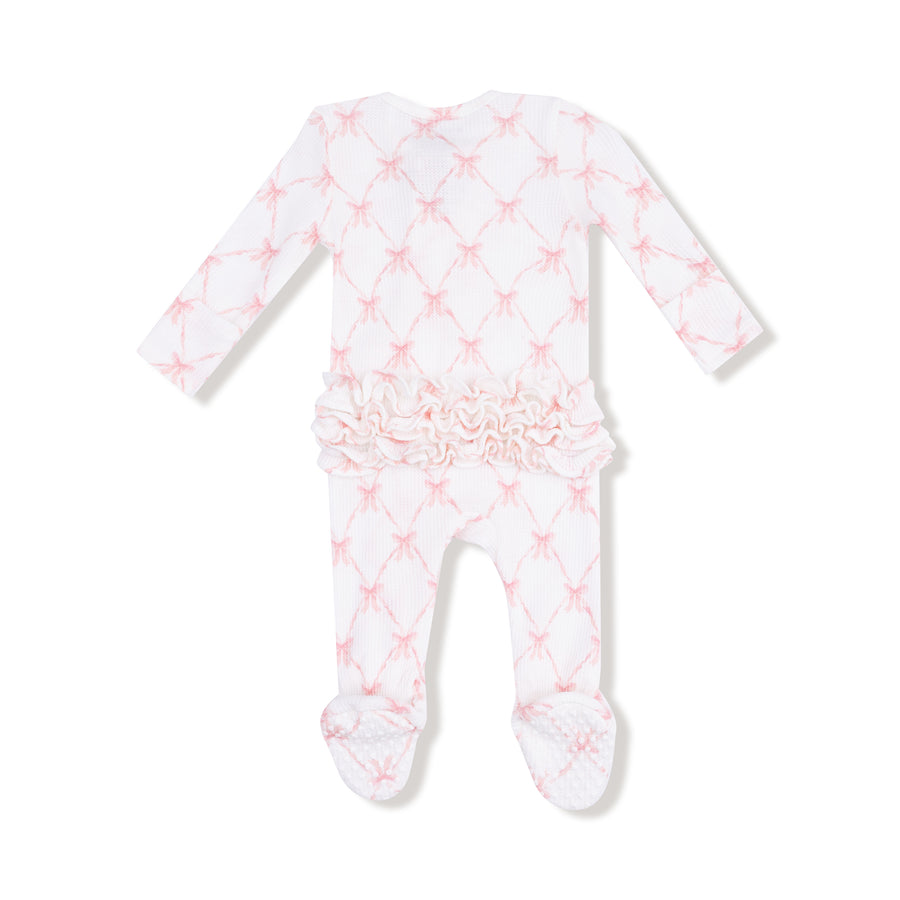 Bamboo Ruffle Zipper Footie - Ribbon Bow Trellis