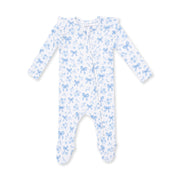 Bamboo Ruffle Sleeve Zipper Footie - Blue Bows and Flowers