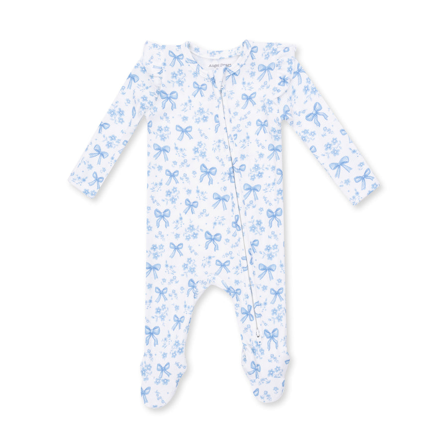 Bamboo Ruffle Sleeve Zipper Footie - Blue Bows and Flowers