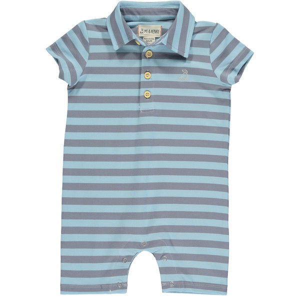 Wave Polo Romper - Grey, Blue Stripe