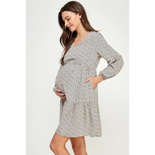 Peasant Sleeve Baby Doll Maternity Mini Dress - Taupe