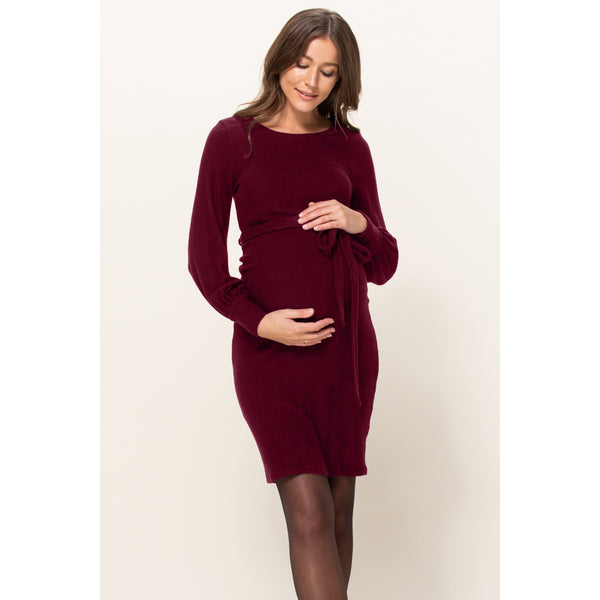 Cashmere Like Sweater Knit Waist Belt Maternity Dress - Burgundy