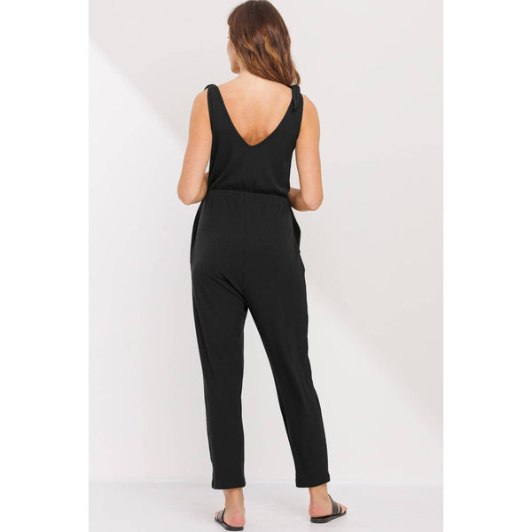 Adjustable Tie Sleeve Maternity Jumpsuit - Black