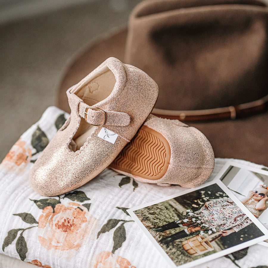 Rose Gold Sparkle T-Bar Moccasin with Anti-Slip Sole