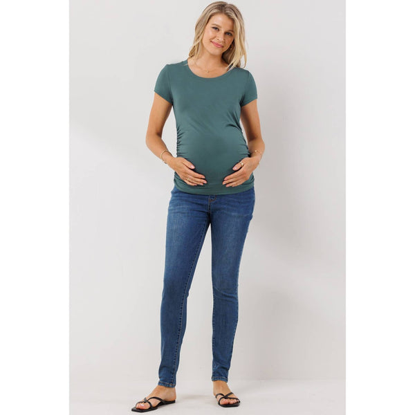 Round Neck Ruched Maternity Top - Sea Blue