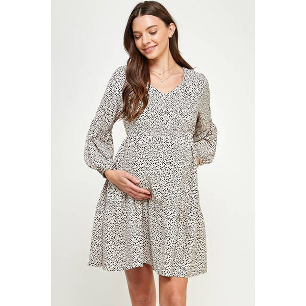 Peasant Sleeve Baby Doll Maternity Mini Dress - Taupe