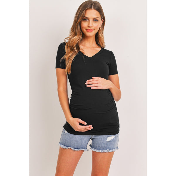 Modal Jersey V-Neck Maternity Short Sleeve Top - Black