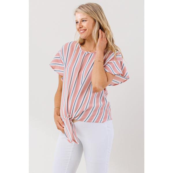 Striped Ruffle Sleeve Keyhole Back Maternity Top - Pink